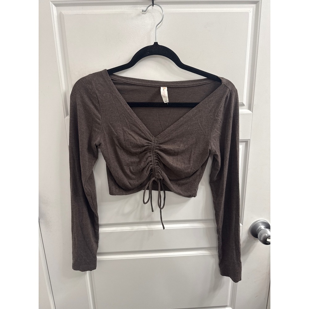 Daily Practice by Anthropologie Brown Ruched Front Long Sleeve Crop Top Small